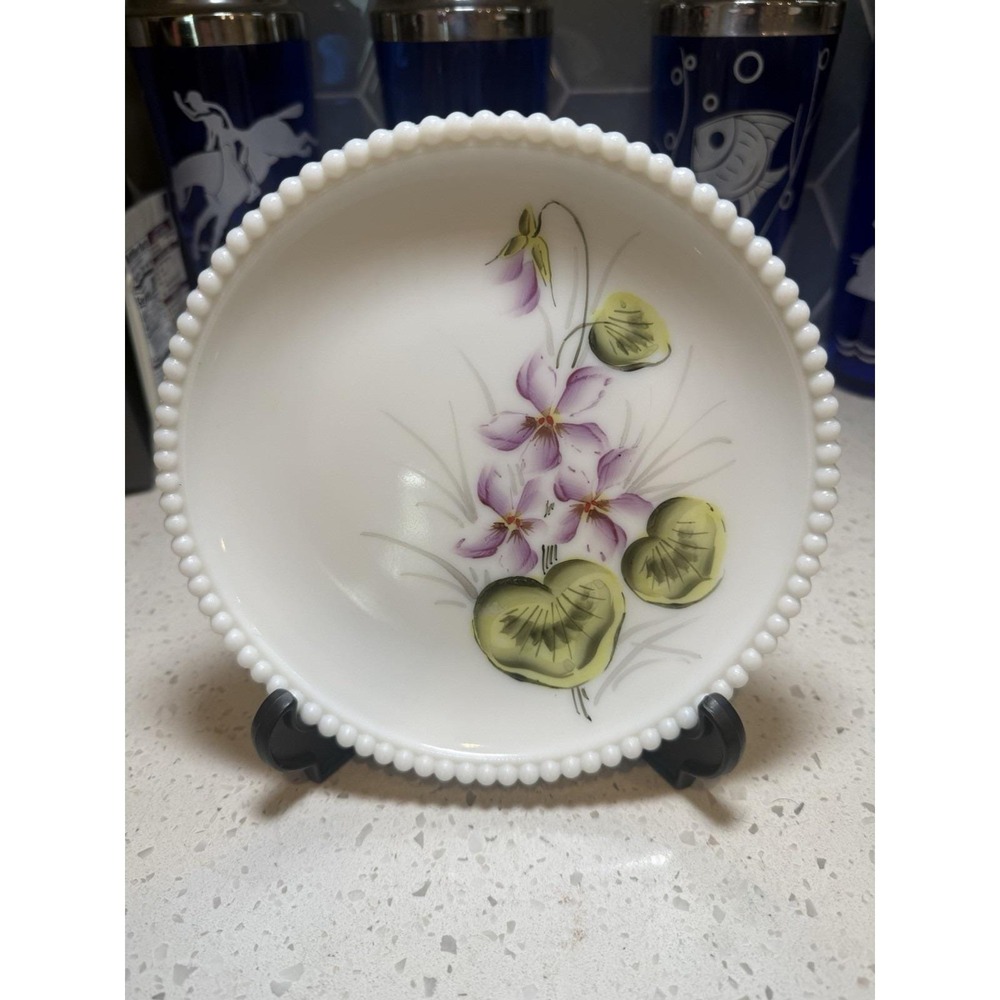 Westmoreland Beaded Edge Hand Painted Purple Flower Lilly Pad Plate Milk Glass